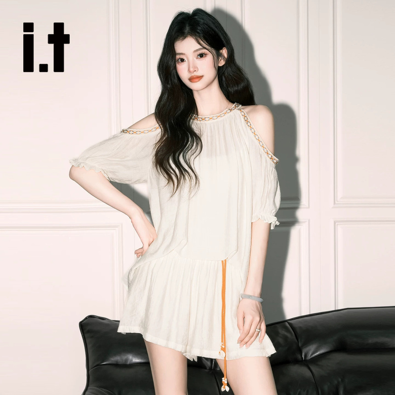 It:Chocoolate Bohemian Apricot-Colored Off-Shoulder Top for Women, Relaxed Casual Pants and Skirt, French Two-Piece Set