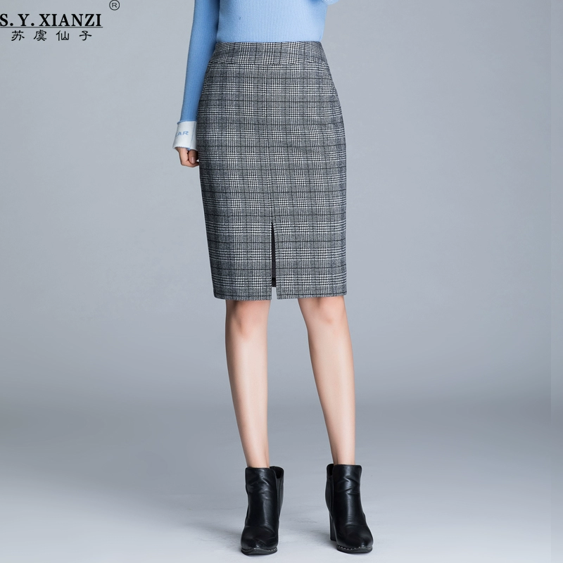 Mùa thu và mùa đông 2021 váy nửa chiều dài mới nữ houndstooth váy giữa lưng cao xẻ tà váy phù hợp với váy dài giữa túi hông váy - Váy