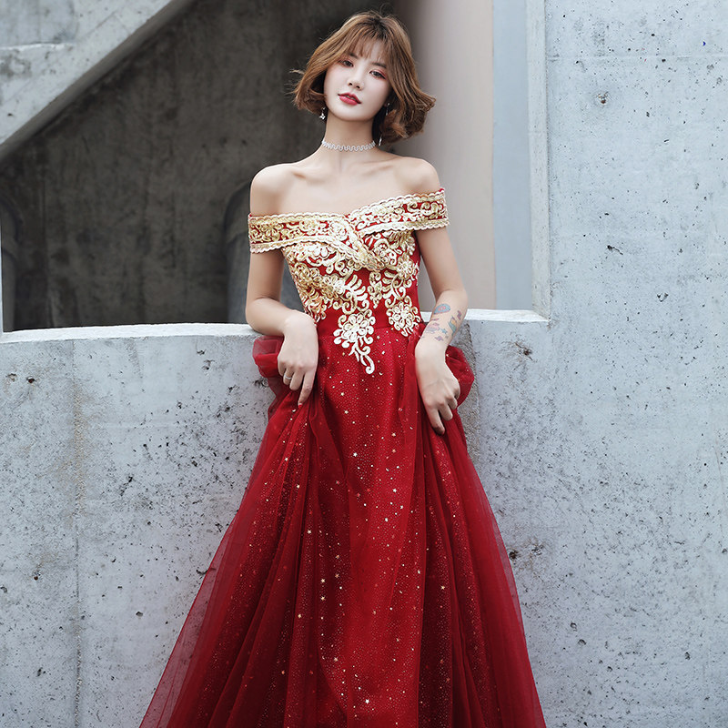 Toast to the bride Summer Sexy red starry sky Shoulder Noble Wedding Evening Gown Lady Fairy SLIM LONG VERSION
