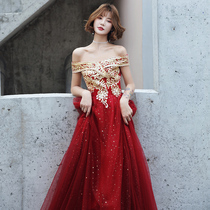 Toast dress bride summer sexy red starry sky word shoulder noble wedding evening dress female fairy is thin and long