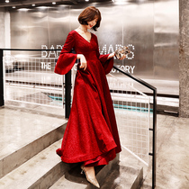 Toast dress bride red v-neck long sleeve atmospheric evening dress skirt female banquet temperament annual meeting thin elegant long section