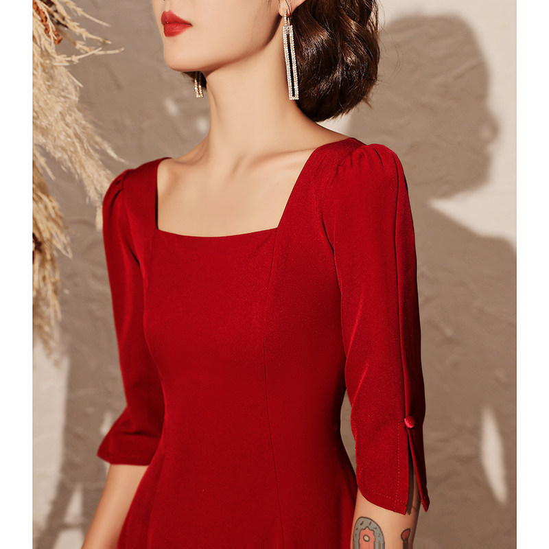 Wine red bride toasting service 2021 new summer wedding atmosphere thin little dress dress in the long