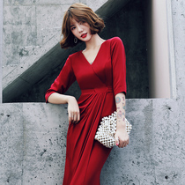 Toast dress bride autumn long sleeve red wedding banquet evening dress dress sexy long female engagement noble atmosphere