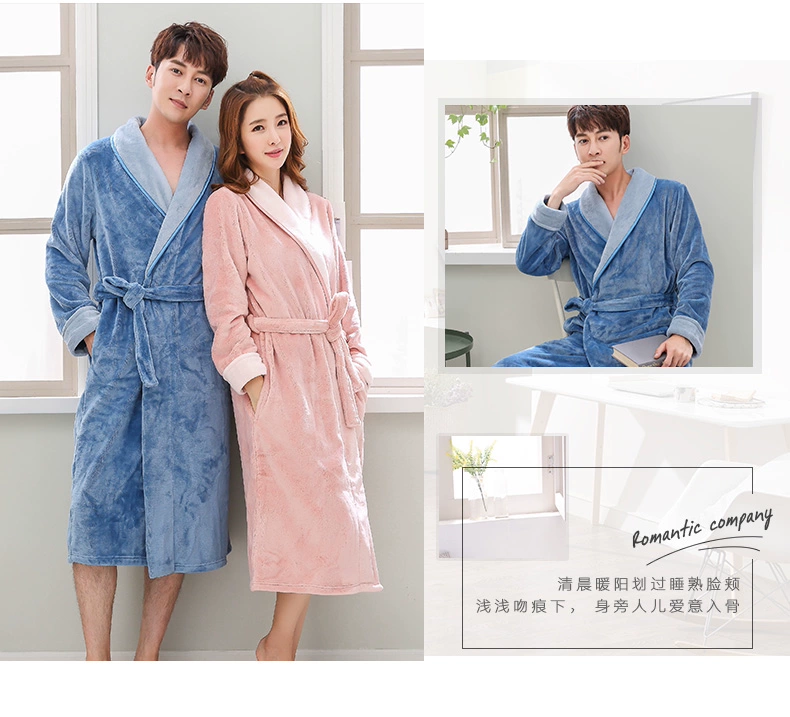 Mùa thu và mùa đông flannel dày áo ngủ nữ áo choàng mùa đông vài chiếc áo dài nam XL đồ ngủ san hô lông cừu nhà