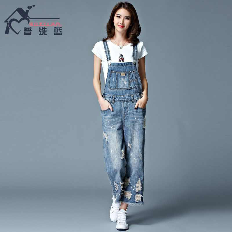 Wide-chân quần denim dây đeo mùa hè nữ chín điểm quần hole-in-the-lỗ lỏng thường jumpsuit sling mỏng dây đeo thẳng quần dây