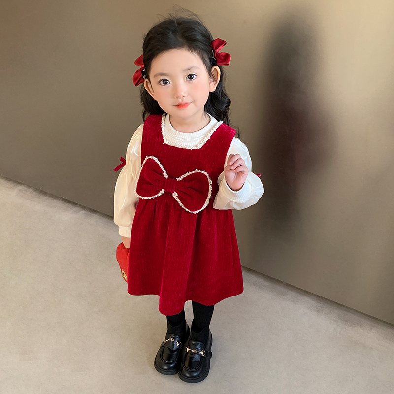 Girl Gushed Dress Dress 2023 New Children Thickened Harness Skirt Suit Women Baby Red Happy to the Year of the Year-Taobao