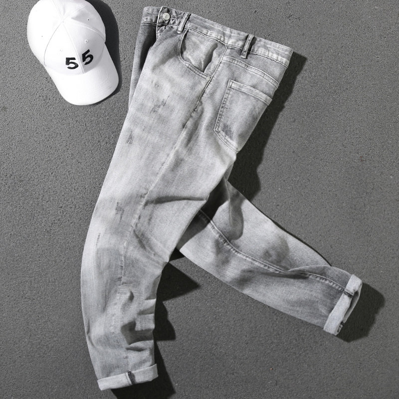 Waterfall inspiration AA handsome smoker gray thin spring and summer pants slim light gray trend pipe pants jeans men