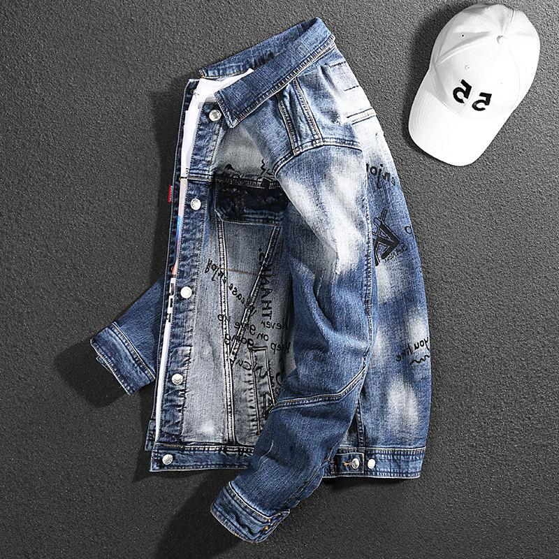 Handsome ins super hot tide brand English pattern jacket men's slim trend spring and autumn denim jacket men's tide