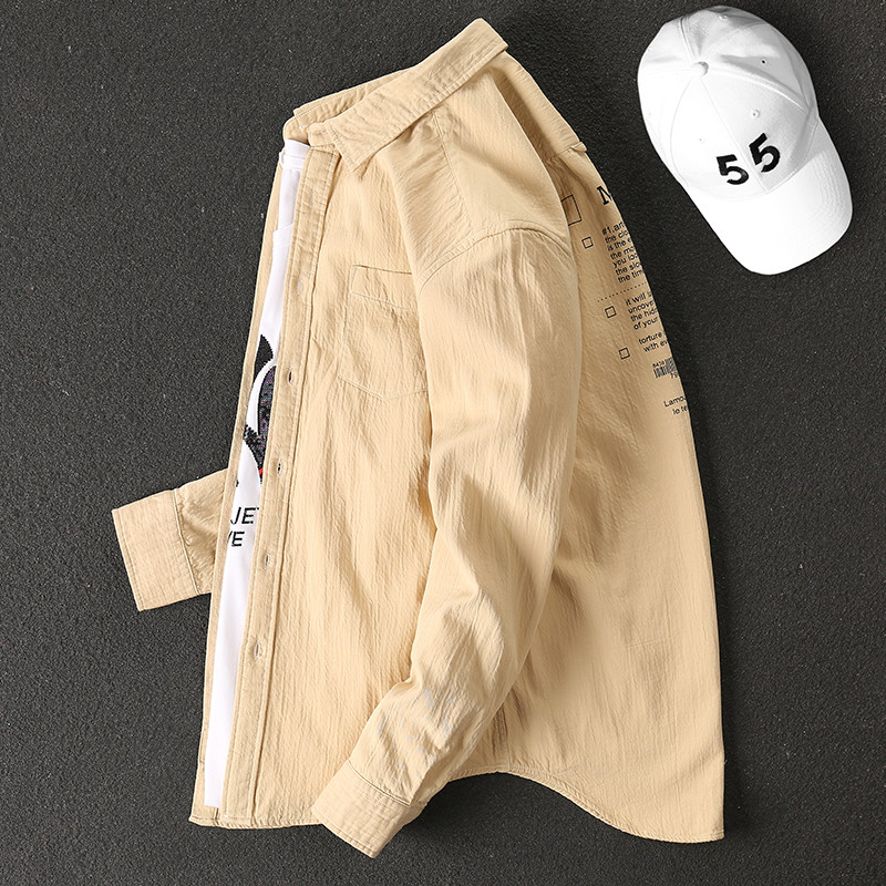 Handsome spring and autumn long-sleeved English printing shirt men's casual Korean version trend loose youth shirt top men