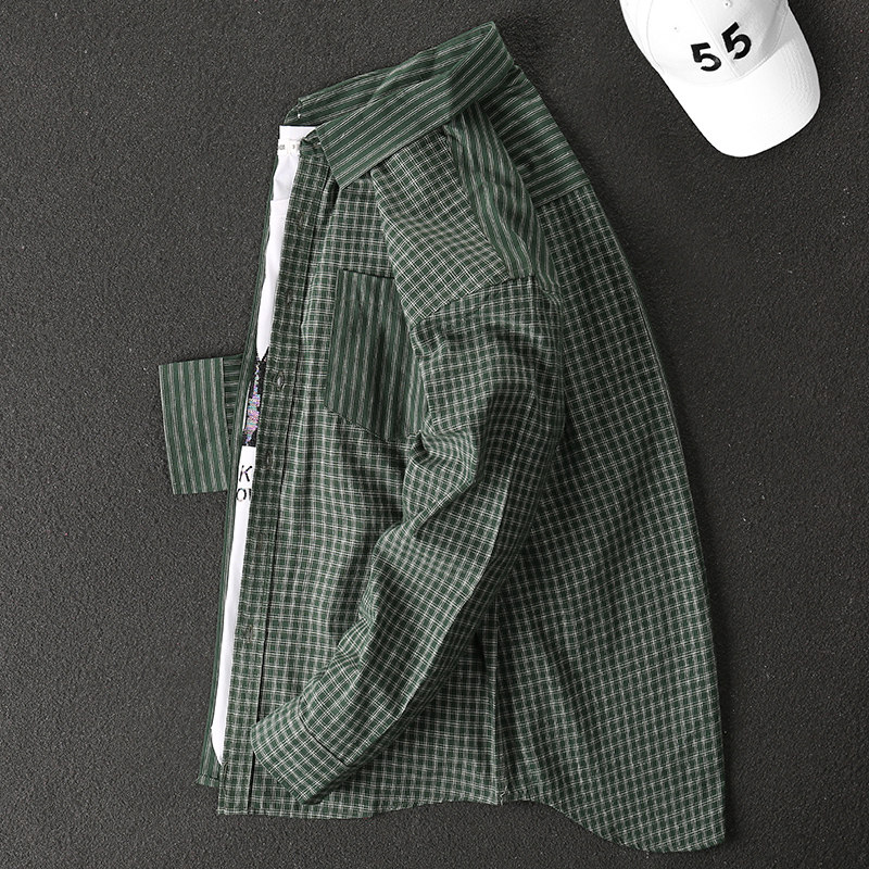 AA handsome army green 2020 Spring and Autumn new Han tide striped shirt male long sleeve sun - proof personality shirt