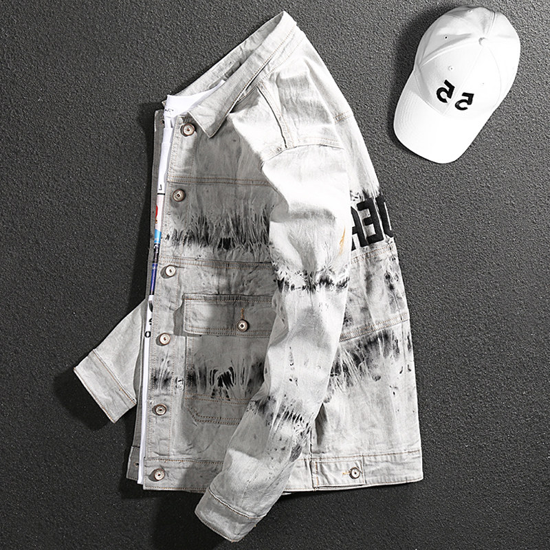 AA good goods handsome retro nostalgic corrugated denim jacket men's loose casual motorcycle large size jacket top trendy men