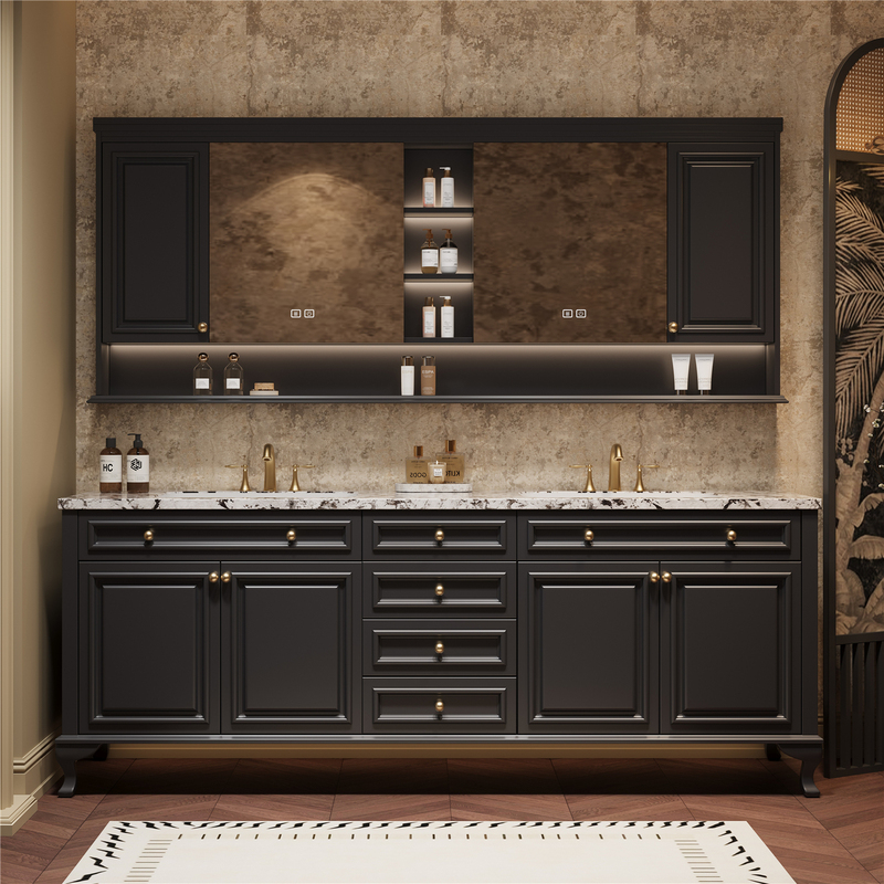 American-Style Oak Bathroom Cabinet Set with French Vintage Natural Luxury Stone Washbasin and Large Double Basin Sink