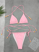 Sweet macaron color three-point thong bikini womens swimsuit European and American style lace up sexy vacation photo party