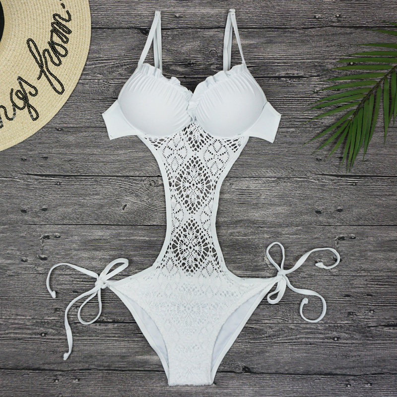 Knitted hollow sexy white fairy one-piece triangle bikini Japanese Korean style sweet steel bikini swimsuit