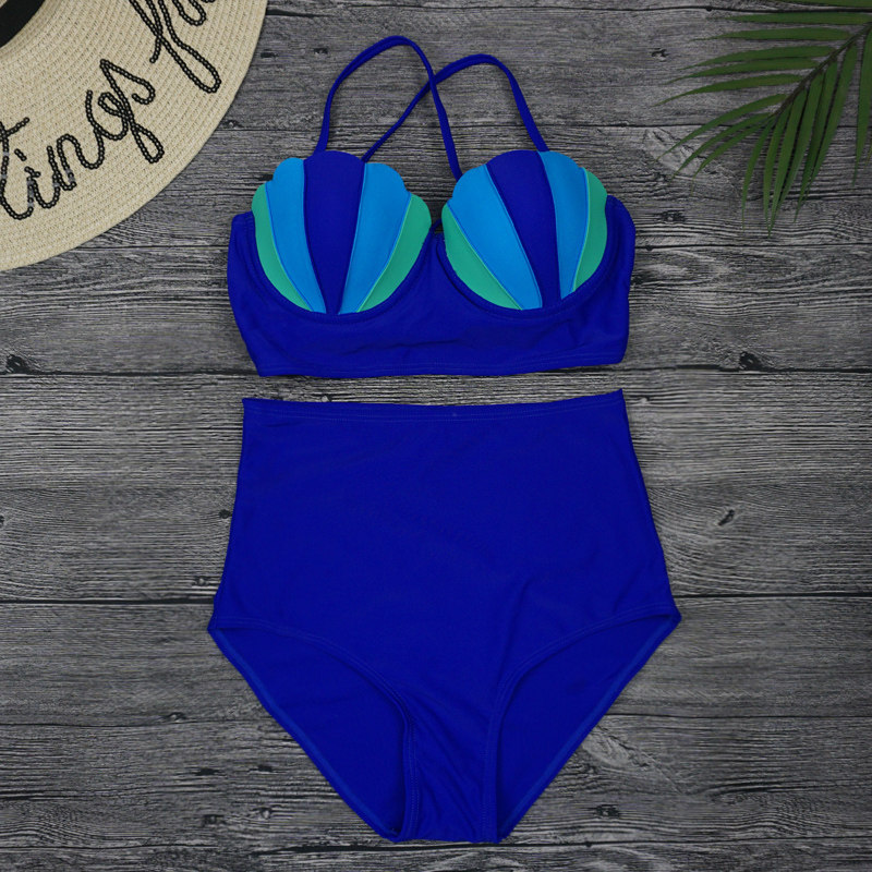 Lace shell bikini Two-piece personality high waist strap conservative steel tow spa beach gathered women swimsuit Swimsuit