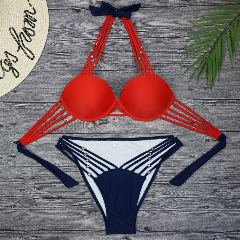 Fashion high-fork hollow multi-rope European and American sexy three-point bikini catwalk thickened cup steel support swimsuit swimsuit