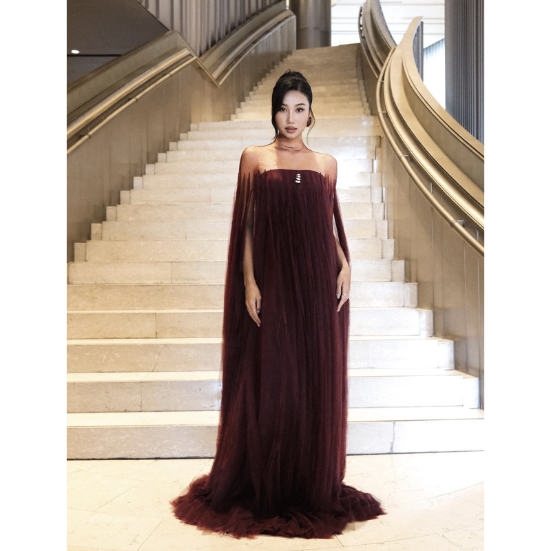 Heavy-Duty Custom-Made Sheer Cape Gown, Floor-Length Evening Dress, Luxurious Long Dress, Goddess Style