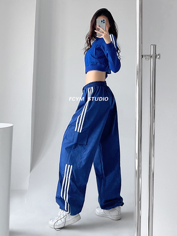 American-Style Street Side-Striped Cargo Pants for Women, Spring and Summer, Street Dance, Hip-Hop, Straight-Leg, Loose, Wide-Leg Sweatpants