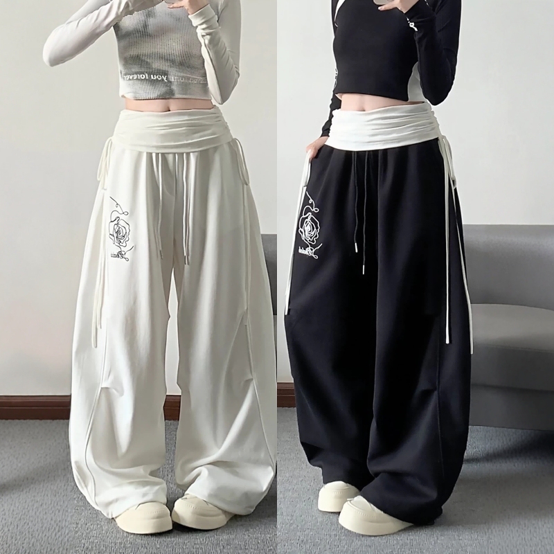 American-Style Spicy Girl Rose Print Butt-Hugging Sports Casual Pants for Women, Hip-Hop Style Jazz Dance Relaxed Fit Scimitar Pants