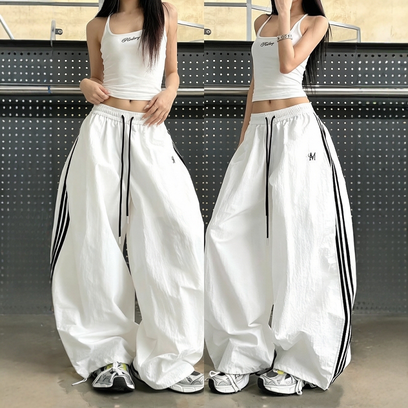 Designed White Quick-Drying Striped Cargo Pants for Women, Summer Thin Hip-Hop Sports Pants, Loose Drawstring Casual Pants Designed White Quick-Drying Striped Cargo Pants for Women, Summer Thin Hip-Hop Sports Pants, Loose Drawstring Casual Pants
