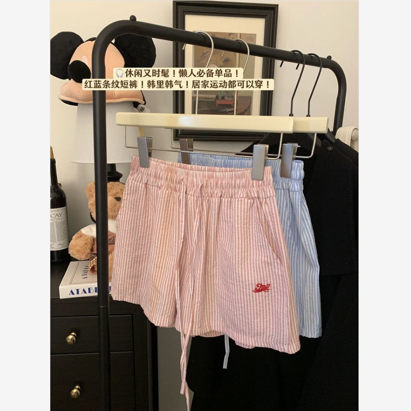 High Street Vertical Stripe Embroidered Letter Wide-Leg Shorts for Women, Summer American Style Versatile Drawstring Hot Pants, Casual Three-Quarter Pants