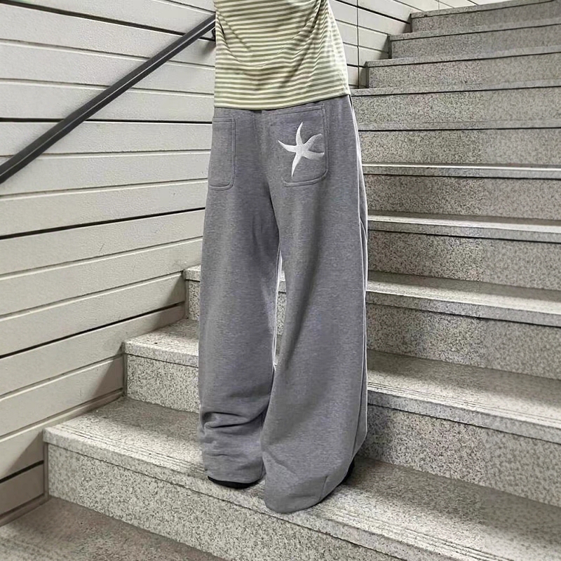 Designed with Pocket Starfish Patch Embroidery, Women's Autumn and Winter Fleece-Lined Loose Straight-Leg Drapey Casual Sweatpants