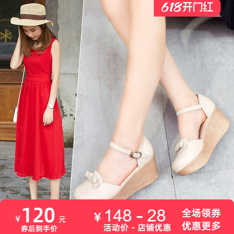 Women's New Summer Genuine Leather Sandals, High-Heeled Wedge, Closed-Toe, Hollow Round Toe, Thick-Soled Casual Slip-On Buckle Women's Leather Shoes