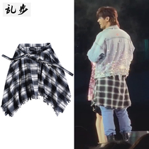 Hip-Hop High Street hem layered ribbon culottes mens and womens waist lace-up decoration fake two-piece plaid shirt tide