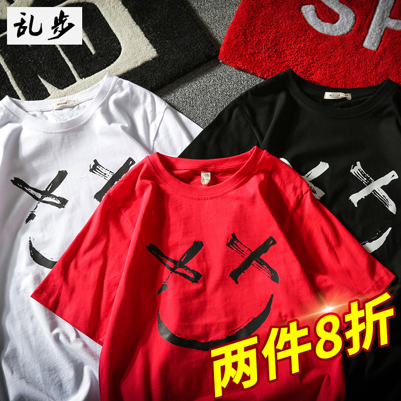 ulzzang Harajuku style smiley face devil printing T-shirt short-sleeved men and women couples pure cotton loose half-sleeved tshirt