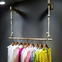 Clothing store wall display rack hanger hanging hemp rope wooden stick hanging ring hanger side hanging wall clothing rack