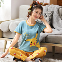 Womens pajamas spring and summer cotton thin short sleeve summer loose fat plus size fat mm home clothes two-piece suit