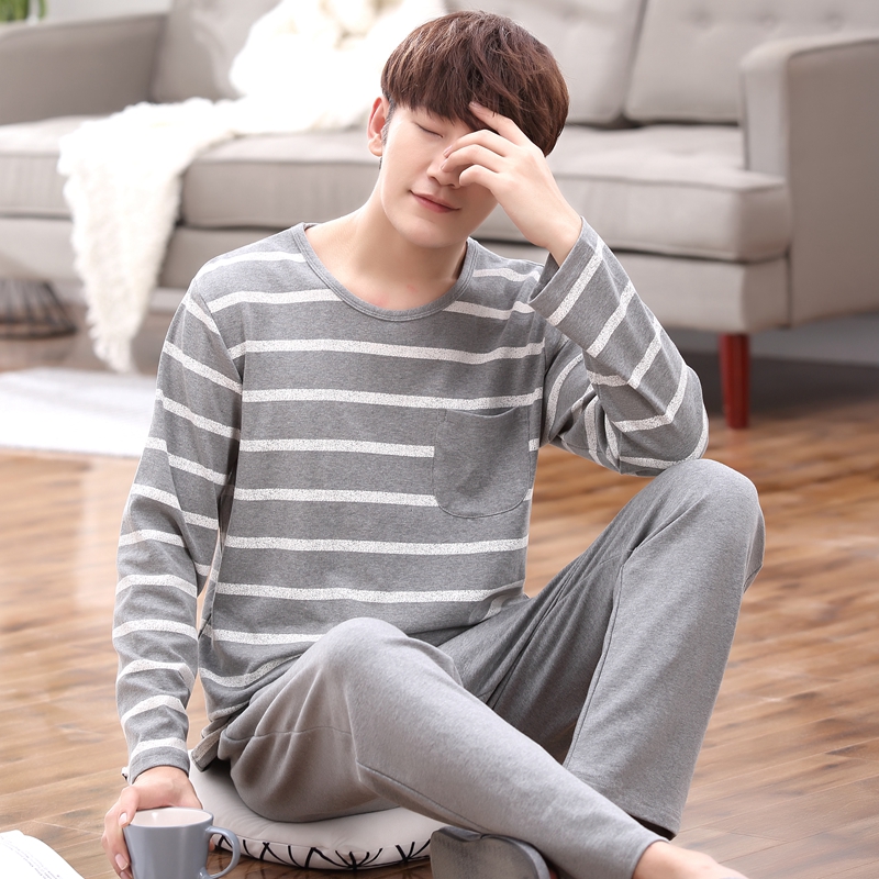 Men's pajamas Long-sleeved cotton spring and autumn youth stripes cotton middle-aged winter thin large size home wear suit