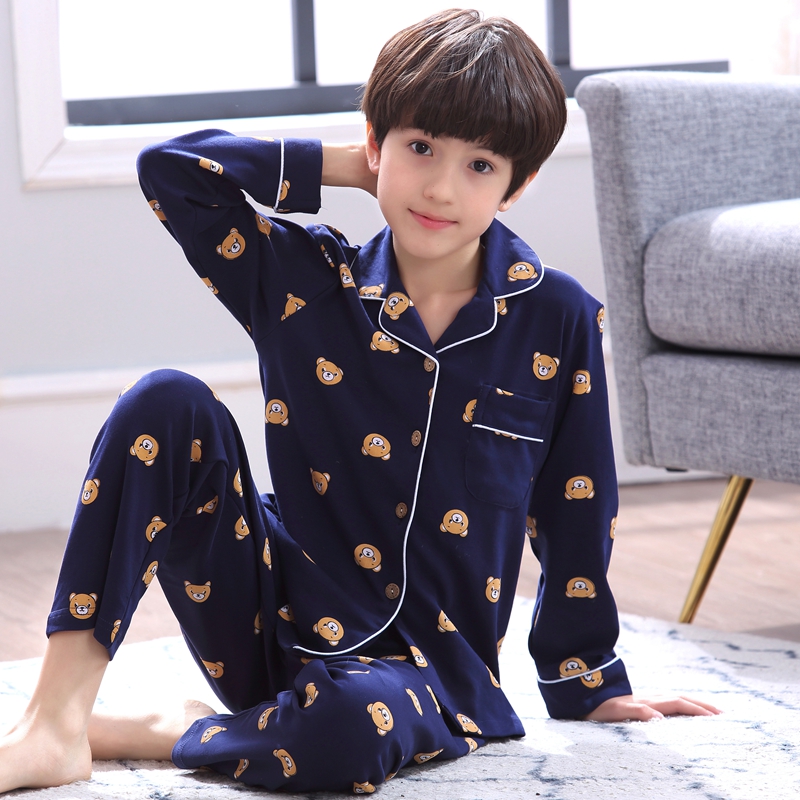 Spring Autumn Boy Sleepwear Pure Cotton Long Sleeve Teenagers Middle School Kids Junior High School Students Autumn Winter Boys 13-15 Thin 