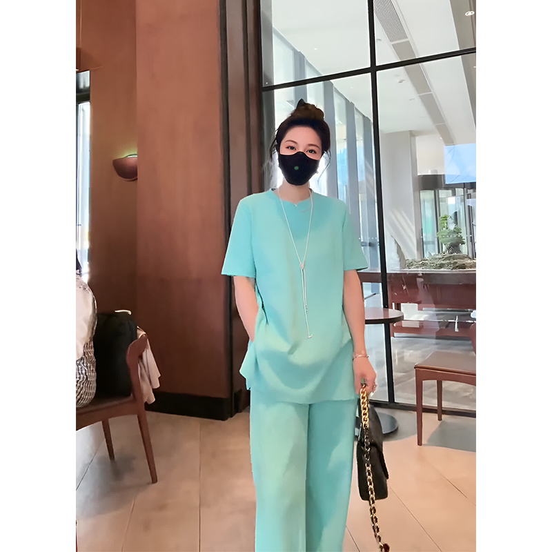 Blue Casual Suit for Women 2025 Summer New Fashion High-End Loose Slimming Short-Sleeved Wide-Leg Pants Two-Piece Set
