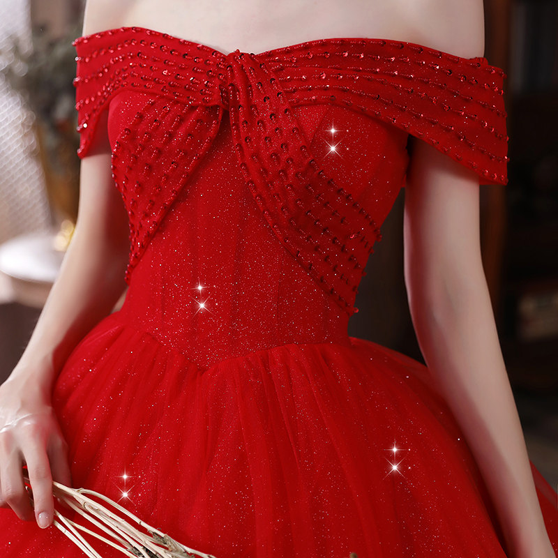 Star sky red main wedding dress shoulder bride in 2022 new big drag - tail girl high texture
