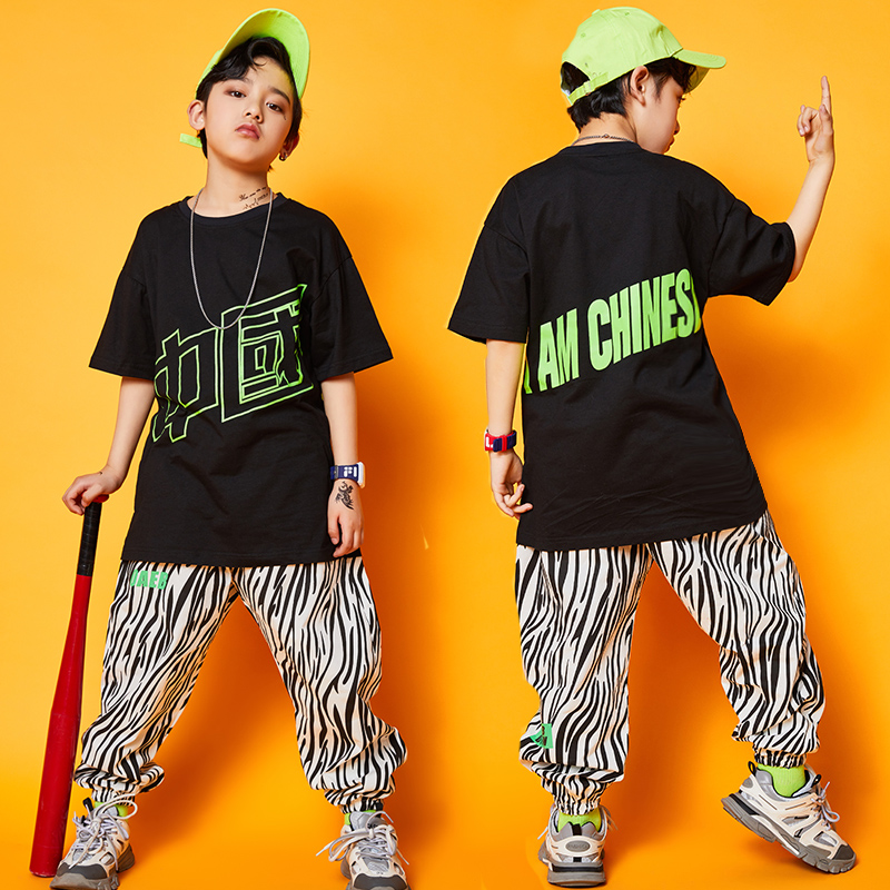 Boys hip-hop street dance costumes children's plaid stitching Korean version loose hip-hop costumes jazz dance costumes
