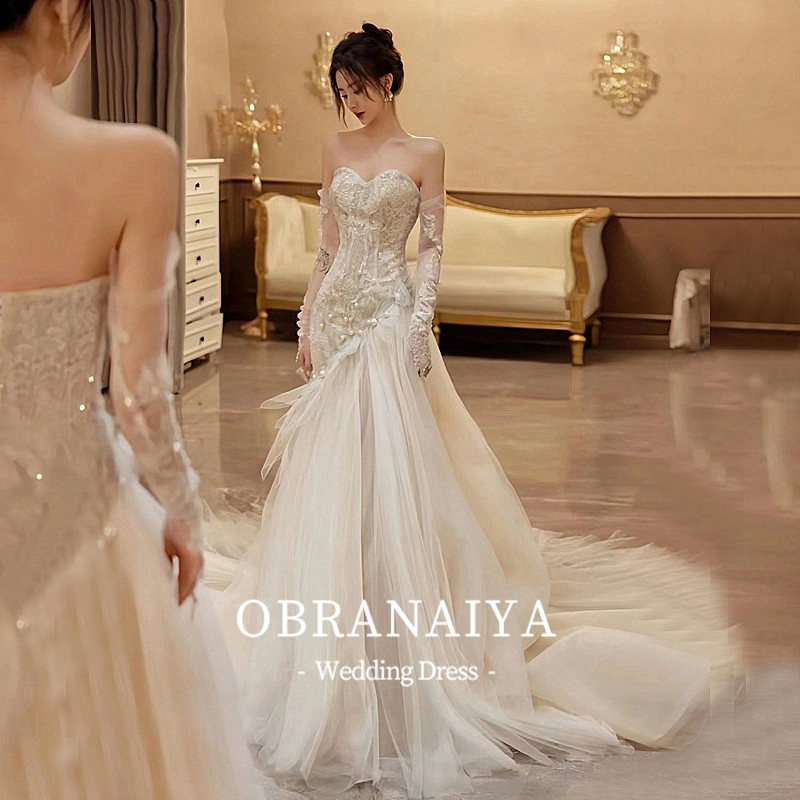 Fishtail Light Wedding Dresses Bridal 2023 New Meritocracy Main Wedding Veil long sleeves Two out of door veil Long trailing-Taobao