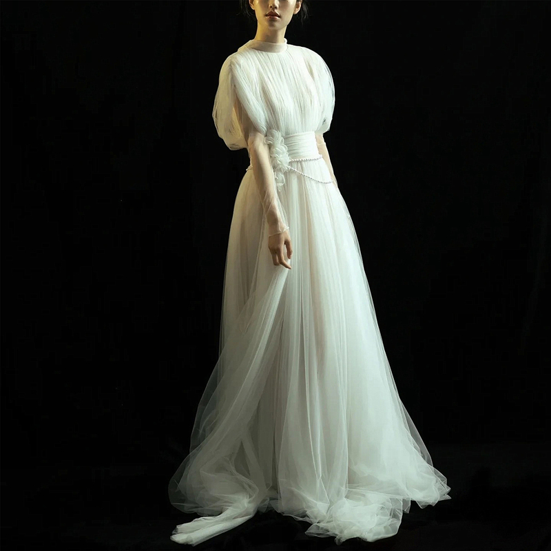 Empress Dowager's Vintage French-Style High-End Niche Light Wedding Dress Long-Sleeve Tulle Dress Robe for the Bride to Wear When Leaving the House Empress Dowager's Vintage French-Style High-End Niche Light Wedding Dress Long-Sleeve Tulle Dress Robe for the Bride to Wear When Leaving the House