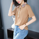 Ice-đan ngắn tay loose-fitting T-shirt khí phụ nữ sọc áo cổ áo giả hai mảnh khâu đầu mùa hè