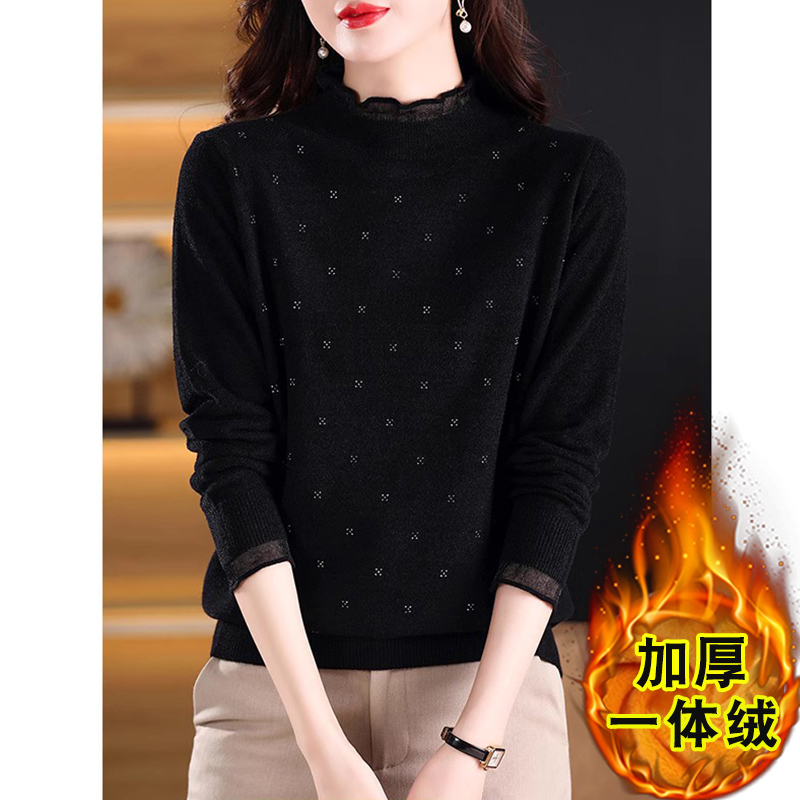 Black Velvet Base Layer Sweater with Fleece, Mother's Clothing for Autumn and Winter, Thickened Knit Top with Ruffled Collar