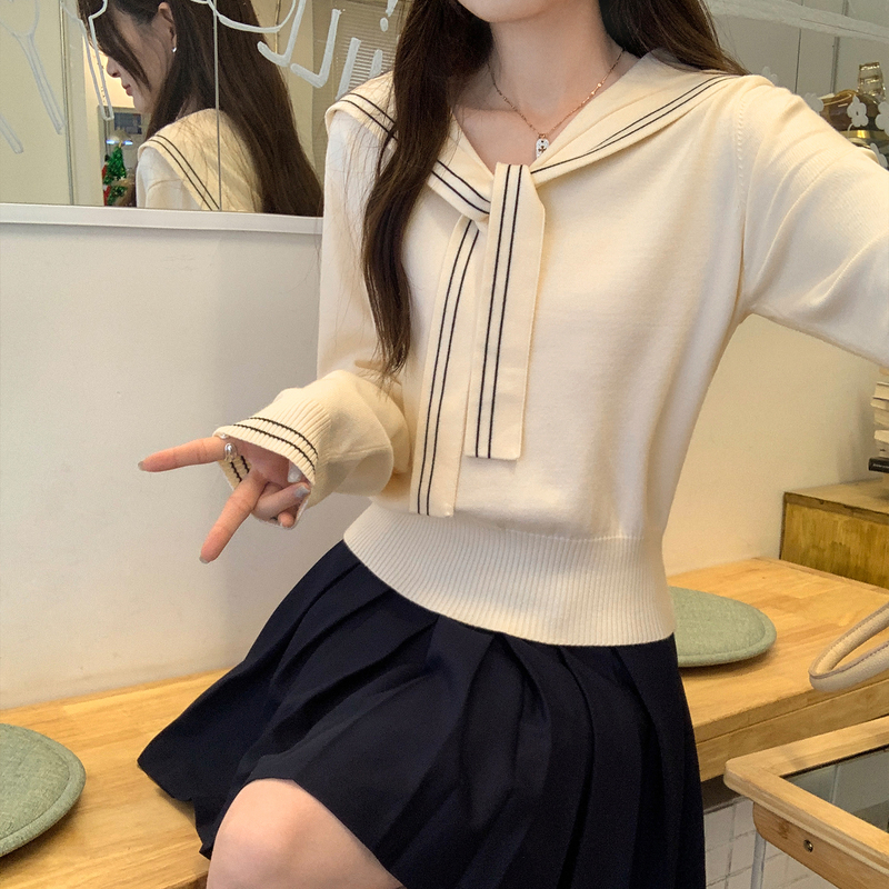 College Style Navy Collar Knit Sweater for Women 2026 New Early Autumn Shawl Sweater Inner Layer Base Shirt Korean Style Top
