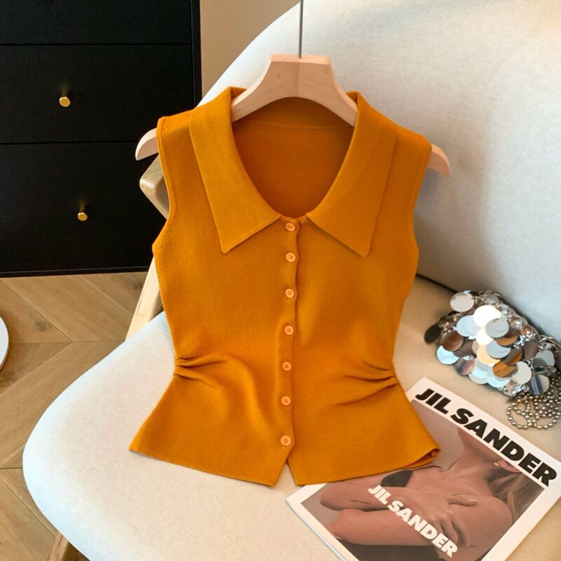 Retro Polo Collar Sleeveless Knitted T-Shirt for Women Summer 2026 New Style Short Style Elegant Lapel Button Slim Fit Vest