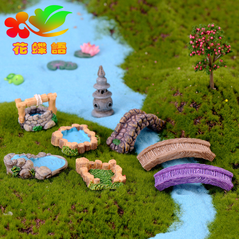 Micro Landscape Retro Imitation Ancient Resin Scene Swing Piece West Lake Lighthouse Well Pool Small Bridge Running Water Meadow