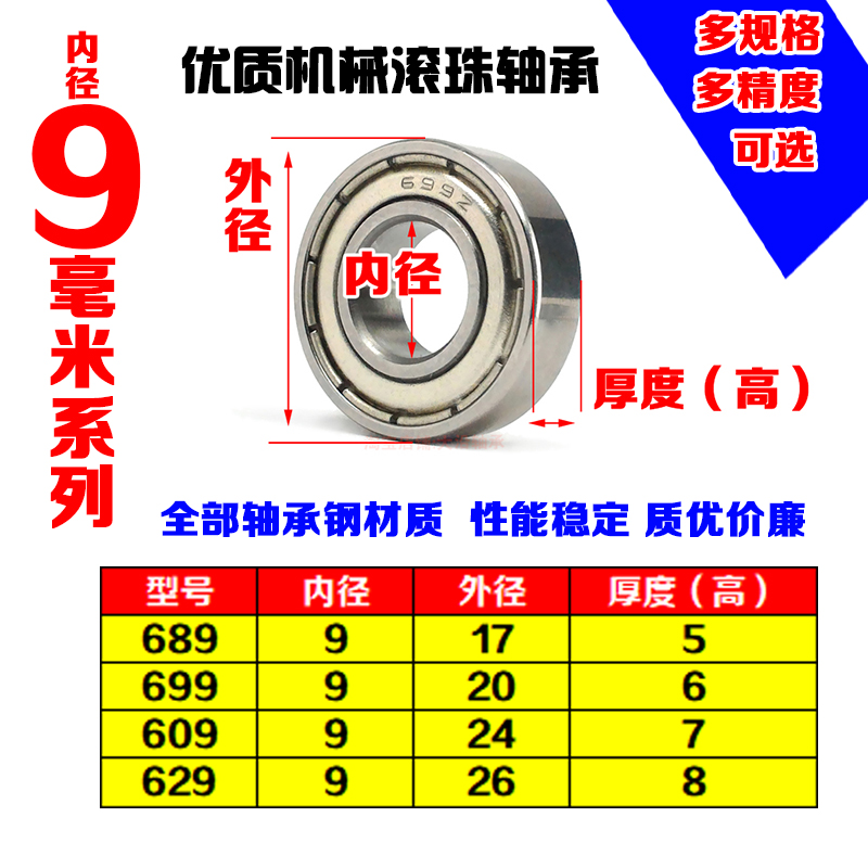 Miniature rolling small bearing 689ZZ 1080099 699 609 629ZZ RS inner diameter 9 mm series