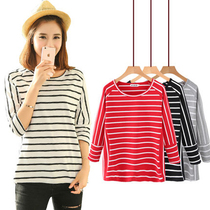 2021 spring summer Navy wind nine-point sleeve female loose size slim cotton striped round neck T-shirt ins Tide brand