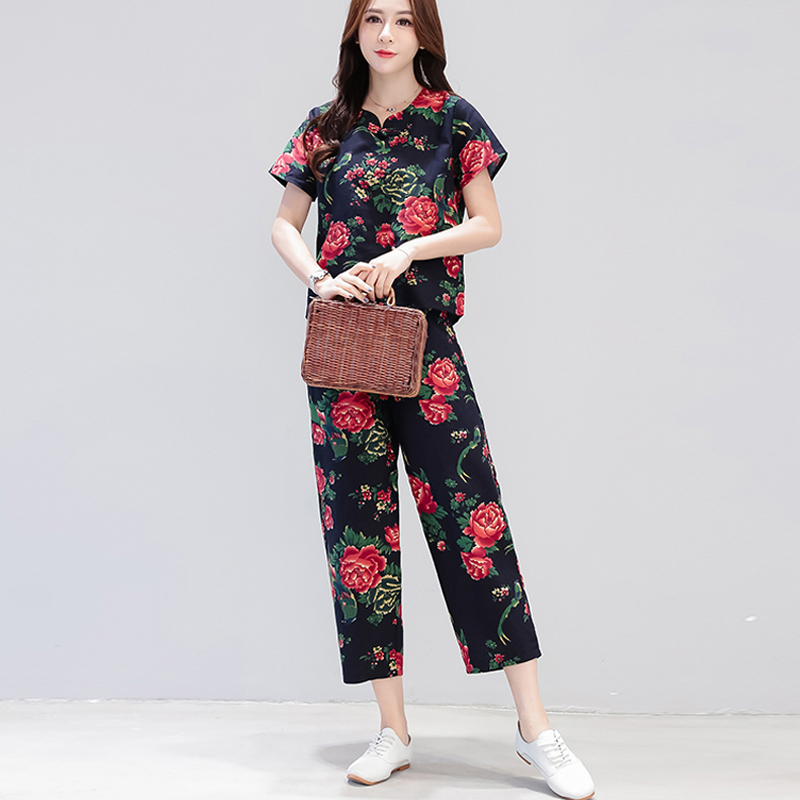 Trung Hoa Dân Quốc Gió Tang ăn mặc của phụ nữ Trung Quốc Gió 2020 Summer New ngắn tay bông áo Casual Pants Nine-Point Hai mảnh Set