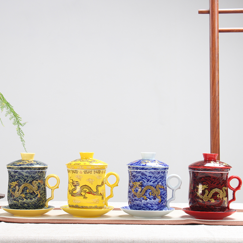 Dragon glass ceramic tea set four cups of blue and white porcelain personal water bottle with cover filter the meeting office tea cup