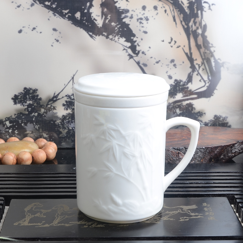 Xiang FengChun white porcelain) flat cover cup with cover glass ceramic cup with filtering cup office keller cup