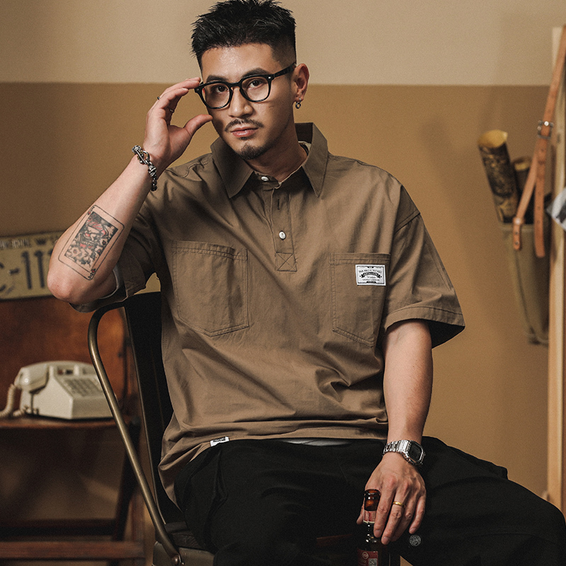 American Retro Work Shirt for Men, Short-Sleeved, Summer Thin Style, Washed and Distressed, Tough Guy Hunting Polo Shirt, Shirt Jacket