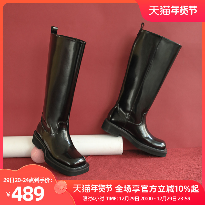 littlegood new British style knight boots women's autumn and winter mid-tube square head Martin boots motorcycle boots college style